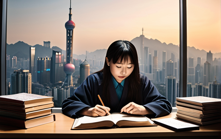 **Prompt 1: The HSK Learner's Triumph**
A determined, inspired individual, gender-neutral, sitting at a modern desk with a stack of Chinese textbooks and flashcards. Behind them, an ethereal, glowing visualization of Chinese characters and simplified cultural motifs (e.g., subtle ink wash mountains, a modern Shanghai skyline in the distance) merging with abstract light trails. The scene should evoke the feeling of overcoming challenges and achieving linguistic mastery, with a sense of relief and accomplishment. Soft, warm lighting, cinematic, high detail, focus on human emotion and intellectual journey.