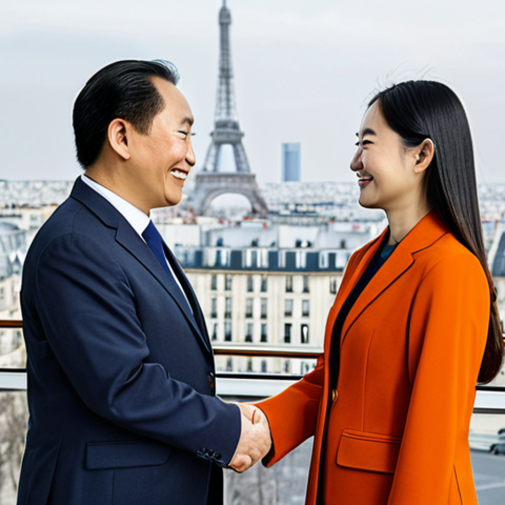 **

"A professional businesswoman in a modest business suit, shaking hands with a Chinese businessman in a modern office setting. They are both smiling and appear to be concluding a successful deal. Background includes a cityscape view of Paris. Fully clothed, appropriate attire, safe for work, perfect anatomy, natural proportions, professional photography, high quality, family-friendly."

**