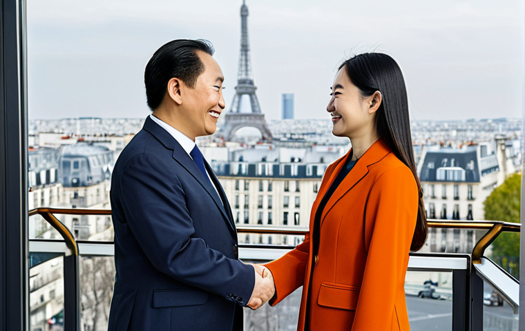 **

"A professional businesswoman in a modest business suit, shaking hands with a Chinese businessman in a modern office setting. They are both smiling and appear to be concluding a successful deal. Background includes a cityscape view of Paris. Fully clothed, appropriate attire, safe for work, perfect anatomy, natural proportions, professional photography, high quality, family-friendly."

**