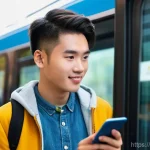Home 19 중국어 공부용 추천 앱 - **Urban Mandarin Learner on the Go:**
A vibrant, medium shot of a young adult, approximately 20-...