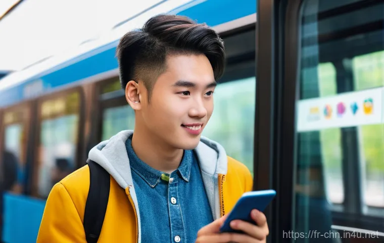 중국어 공부용 추천 앱 - **Urban Mandarin Learner on the Go:**
    A vibrant, medium shot of a young adult, approximately 20-...