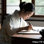 Home 18 중국어 필기 연습 꿀팁 - **Prompt:** A serene East Asian calligrapher, a woman in her late 20s, dressed in a modest, elegant ...