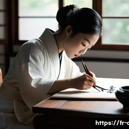 Home 30 중국어 필기 연습 꿀팁 - **Prompt:** A serene East Asian calligrapher, a woman in her late 20s, dressed in a modest, elegant ...