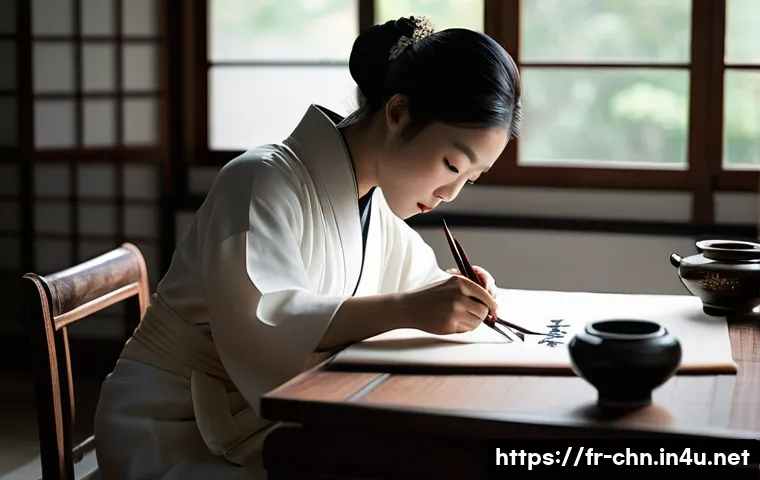 중국어 필기 연습 꿀팁 - **Prompt:** A serene East Asian calligrapher, a woman in her late 20s, dressed in a modest, elegant ...