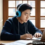 Home 17 중국어 학습 중 효과적인 피드백 활용법 - A cozy study room scene featuring a French adult learner attentively listening to Mandarin language ...