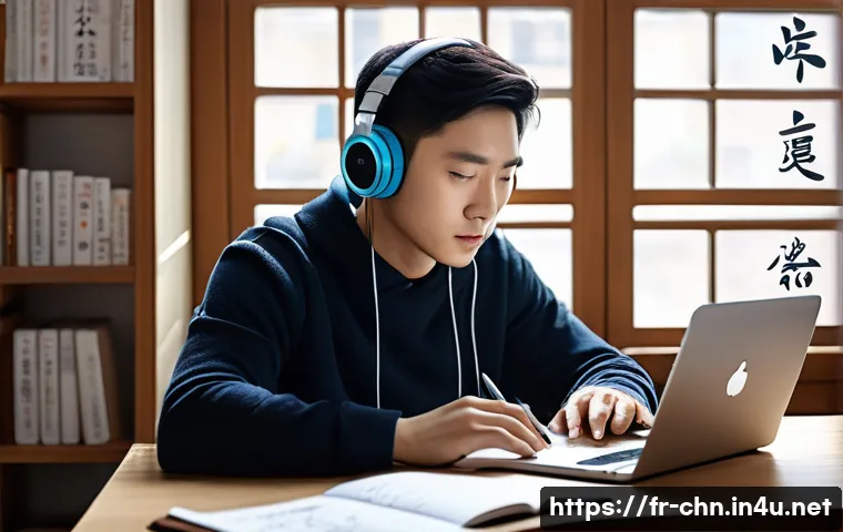 중국어 학습 중 효과적인 피드백 활용법 - A cozy study room scene featuring a French adult learner attentively listening to Mandarin language ...