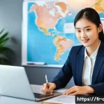 Home 21 HSK 자격증으로 직무 전환 성공 사례 - A professional multilingual office scene showing a confident young woman in business attire, sitting...