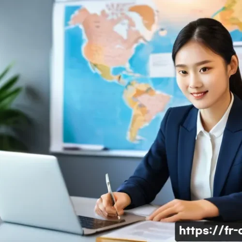 Home 15 HSK 자격증으로 직무 전환 성공 사례 - A professional multilingual office scene showing a confident young woman in business attire, sitting...