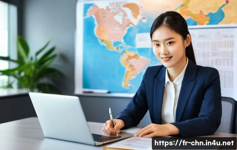 HSK 자격증으로 직무 전환 성공 사례 - A professional multilingual office scene showing a confident young woman in business attire, sitting...
