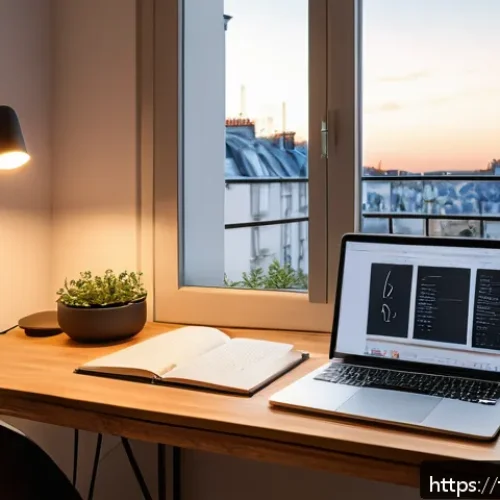 HSK 준비생을 위한 시간 관리 비법 - A cozy, well-lit study corner in a modern French apartment, featuring a sleek wooden desk with a lap...