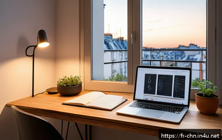 HSK 준비생을 위한 시간 관리 비법 - A cozy, well-lit study corner in a modern French apartment, featuring a sleek wooden desk with a lap...