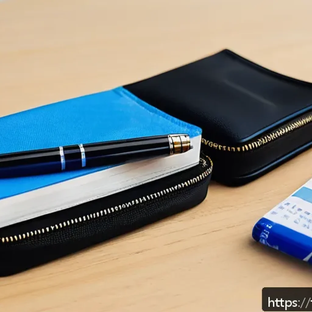 HSK 응시 시 준비해야 할 물품 - A well-organized study desk setup for an HSK exam candidate: multiple blue and black ink pens and pe...