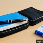HSK 응시 시 준비해야 할 물품 - A well-organized study desk setup for an HSK exam candidate: multiple blue and black ink pens and pe...