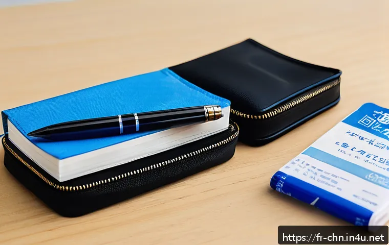 HSK 응시 시 준비해야 할 물품 - A well-organized study desk setup for an HSK exam candidate: multiple blue and black ink pens and pe...