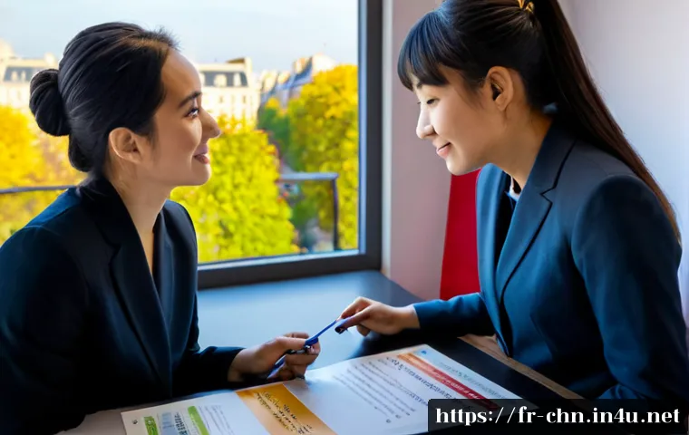 HSK 성적과 직무 매칭 사례 - Photorealistic French career guidance office, a French-speaking young professional reviewing a Chine...